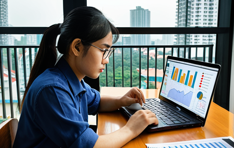 **Image Prompt:** A determined-looking Vietnamese person studying charts and graphs on a laptop, with a cup of Vietnamese coffee nearby. The background shows a modern apartment with a view of Ho Chi Minh City. Emphasize a sense of focused learning and building a solid foundation. Use the style of a professional stock photo.